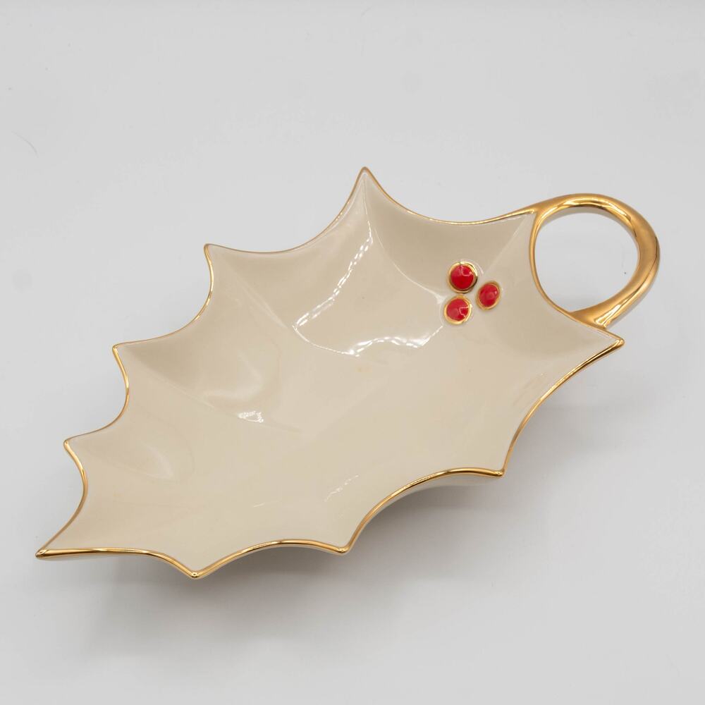 LENOX Fine China 24 Karat Trim White Holly Leaf Cand Dish Christmas Decoration